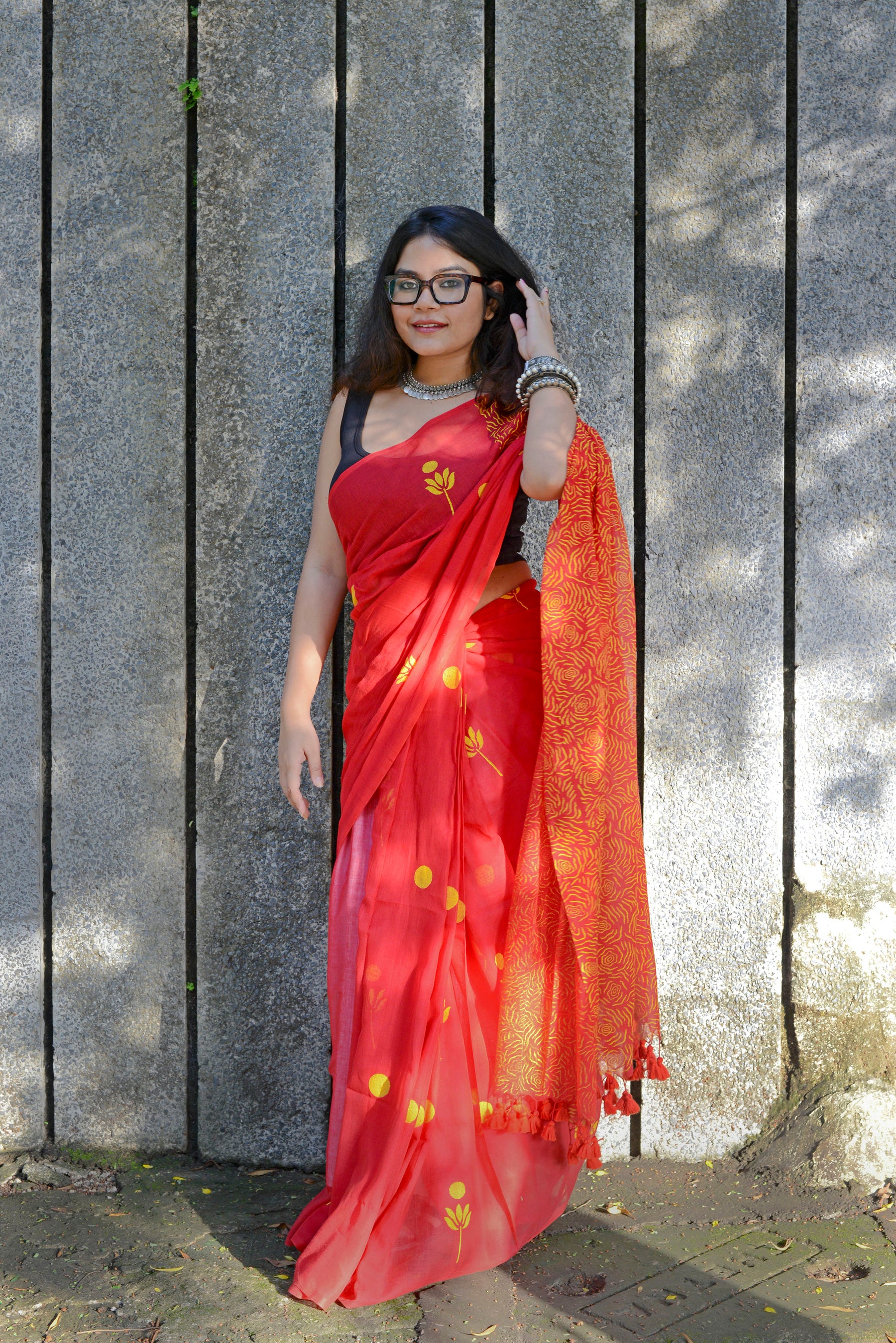 FLORAL LOVE - RED & YELLOW - HAND BLOCK PRINTED COTTON SAREE