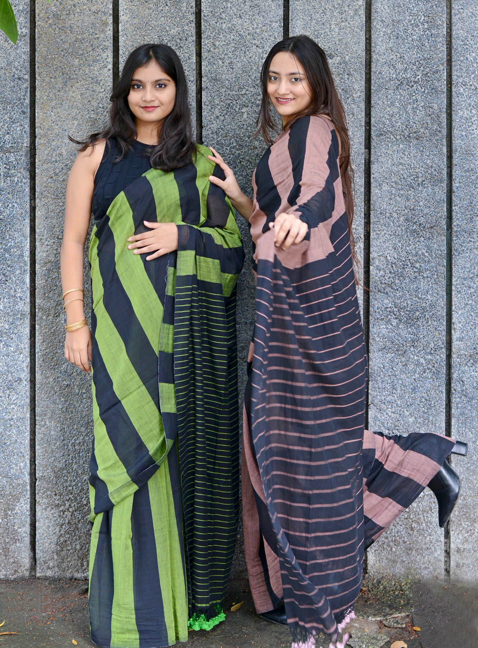 GREEN & ROSY BROWN COMBO  - HANDWOVEN COTTON SAREE