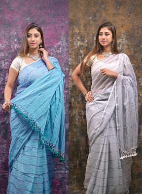 SKY & GREY COMBO - HANDWOVEN SILVER ZARI STRIPES