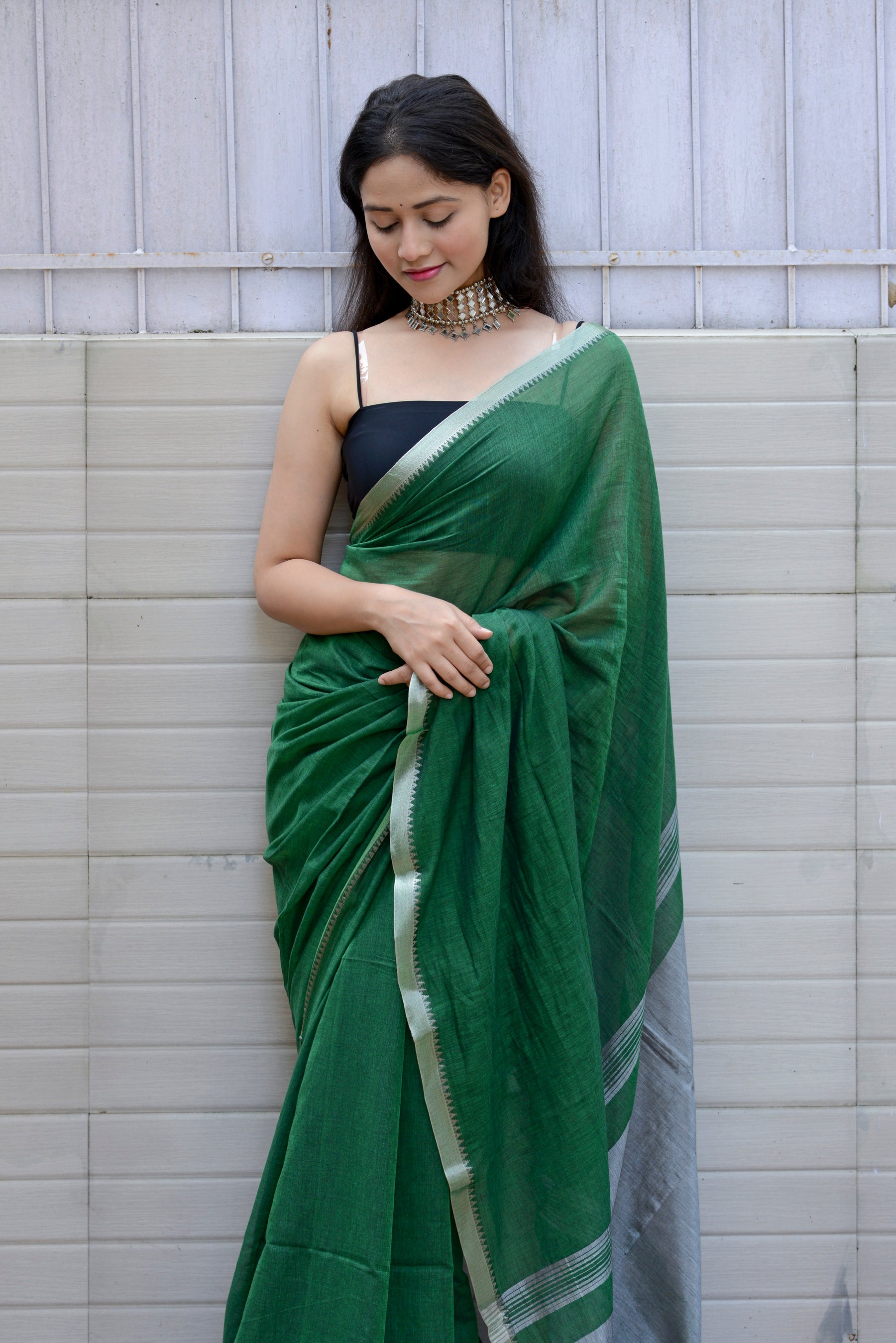 Sea Green silk saree with silver thread work and border - IN WEAVE - 3558715