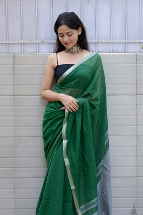 GREEN AND SILVER - LIGHT WEIGHT COTTON SAREE