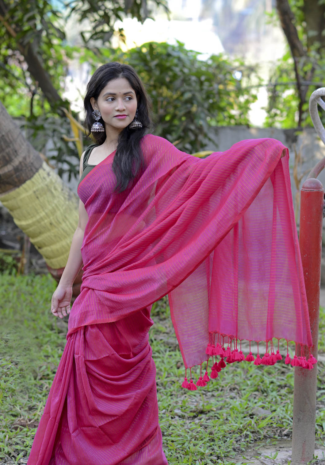 Rani Pink Zari Lines Saree