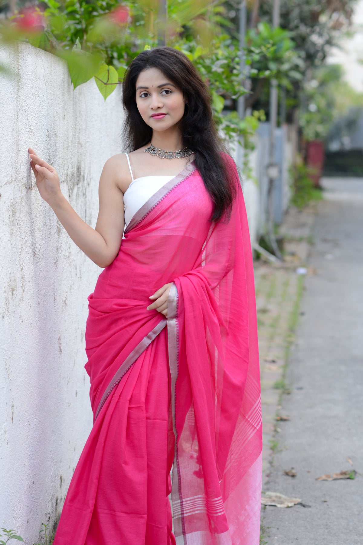 Rani Pink and Silver - Light Weight Cotton Saree