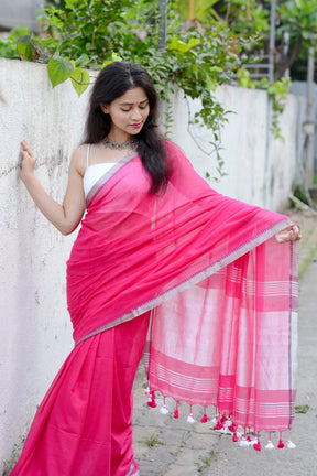Rani Pink and Silver - Light Weight Cotton Saree