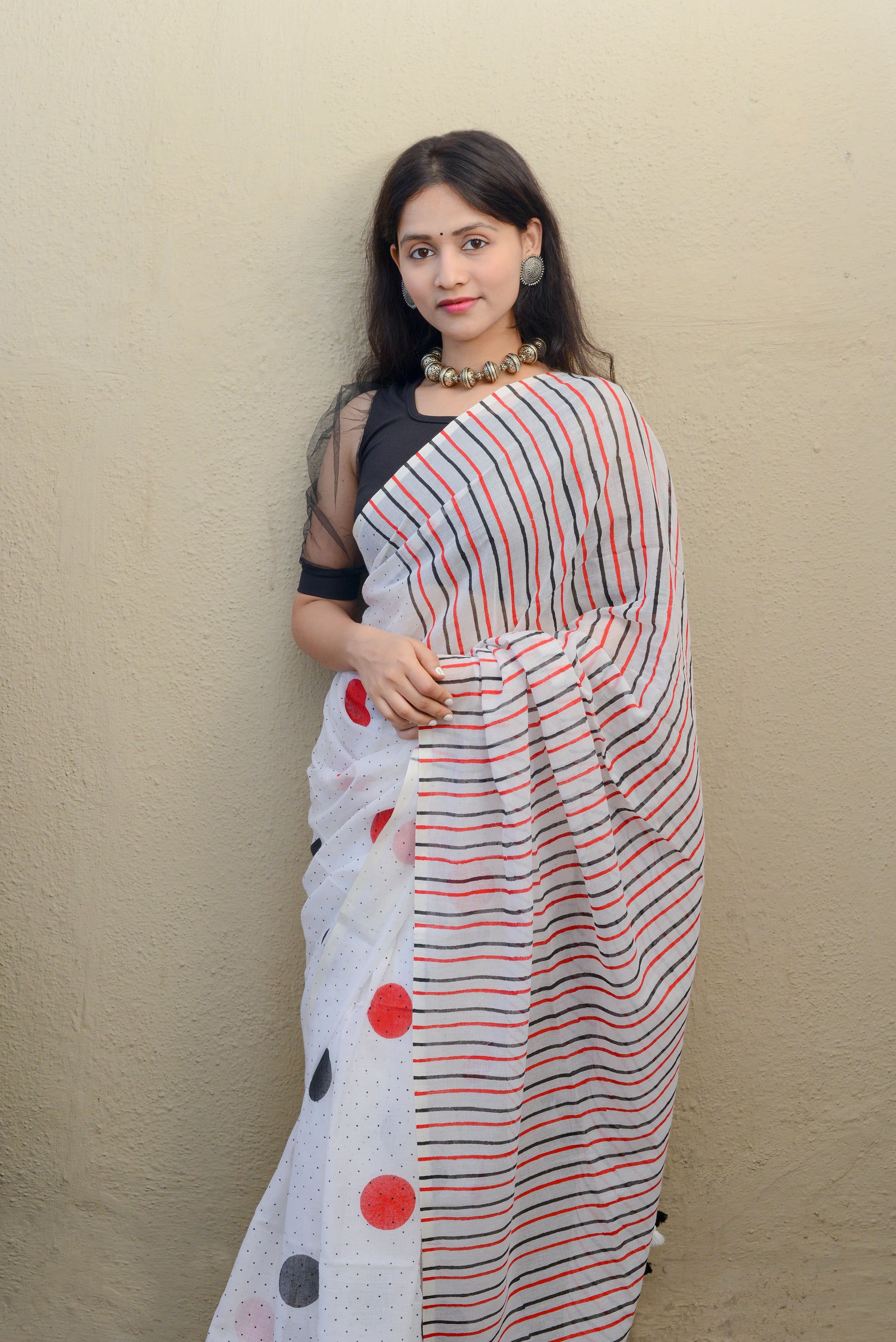 Red Black Polka Dots (with all over dots) - Hand Block Printed Cotton Saree