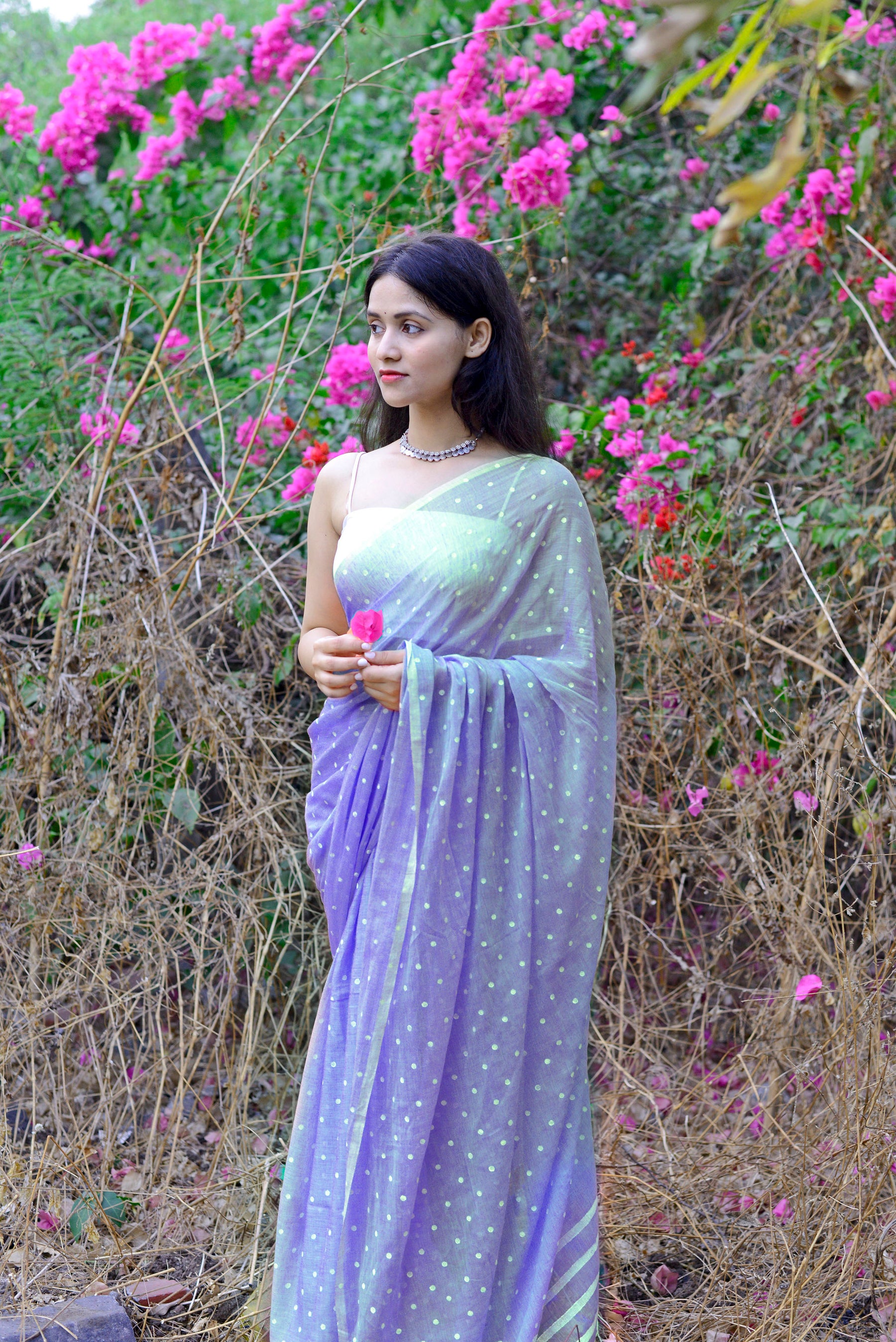 VIOLET LOVE (ALL OVER DOTS) HAND BLOCK PRINTED COTTON SAREE