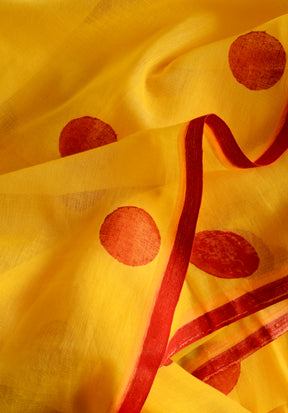 Yellow Red Polka Dots - Hand Block Printed Cotton Saree