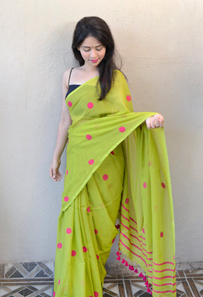 PARROT GREEN & RANI PINK (Polka Dots) - HAND BLOCK PRINTED COTTON SAREE