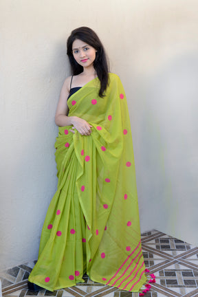 PARROT GREEN & RANI PINK (Polka Dots) - HAND BLOCK PRINTED COTTON SAREE