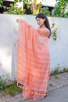 PEACH & RUST -  HAND BLOCK PRINTED COTTON SAREE