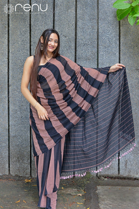 ROSY BROWN AND BLACK - HANDWOVEN COTTON SAREE