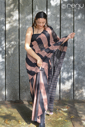 ROSY BROWN AND BLACK - HANDWOVEN COTTON SAREE