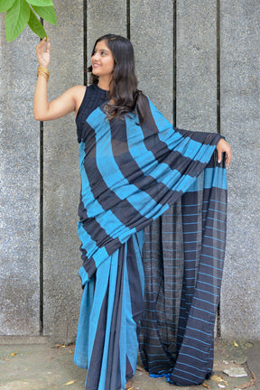 AZURE BLUE AND BLACK - HANDWOVEN COTTON SAREE