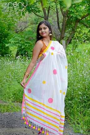 WHITE LOVE - HAND BLOCK PRINTED COTTON SAREE