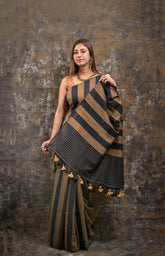 BROWN AND BLACK - HANDWOVEN COTTON SAREE