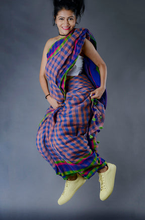 Multicolour Checks Linen Saree