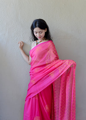 Rani Pink Floral - Hand Block Printed Cotton Saree