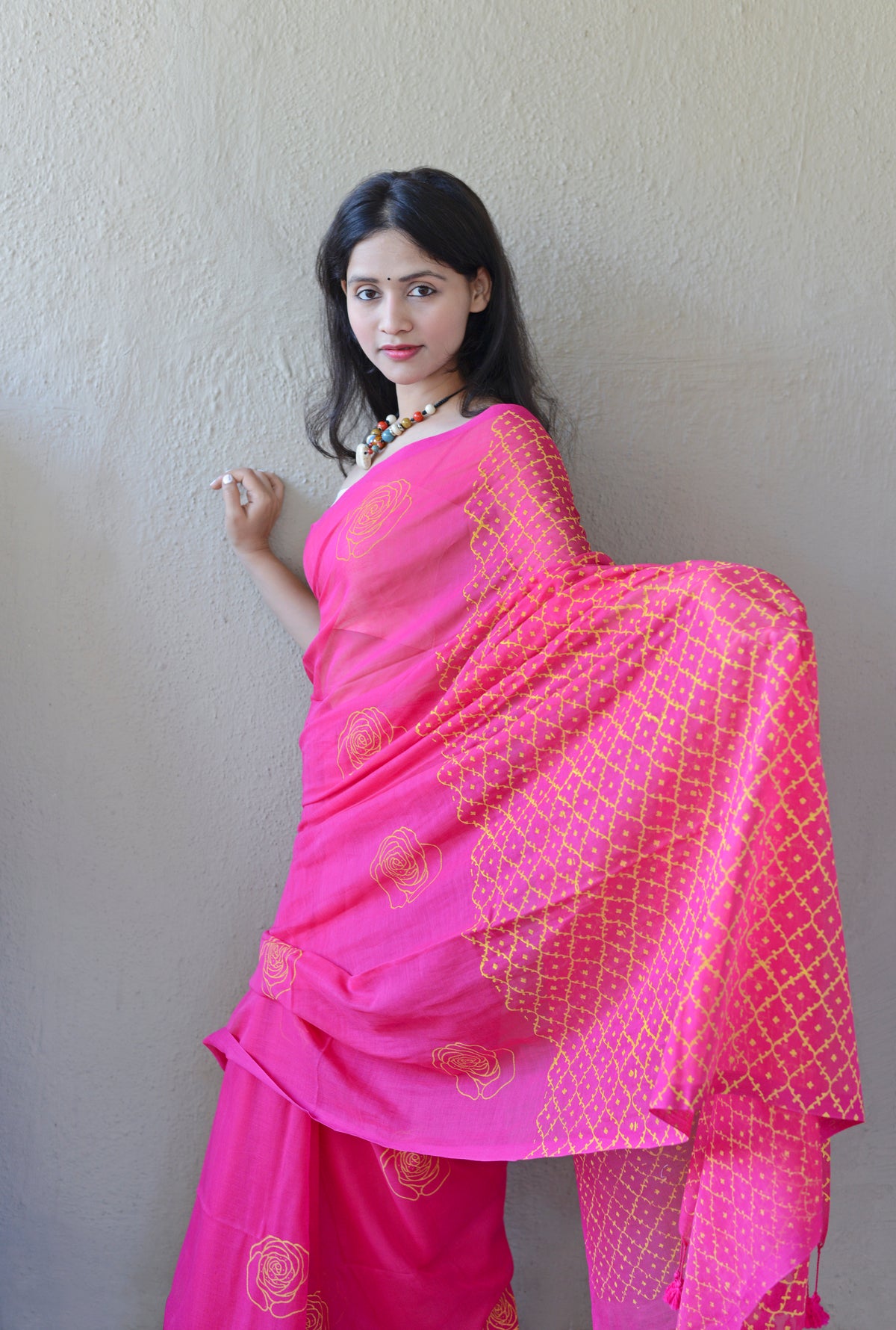 Rani Pink Floral - Hand Block Printed Cotton Saree