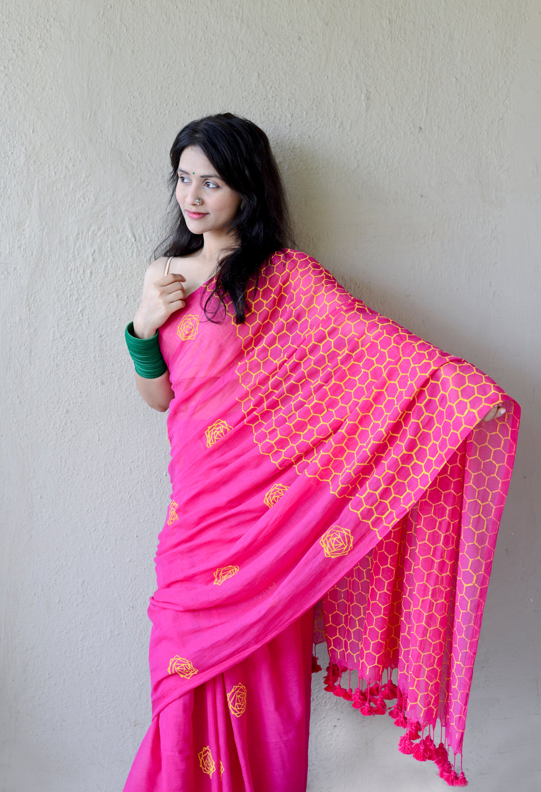 Rani Pink - Hand Block Printed Cotton Saree