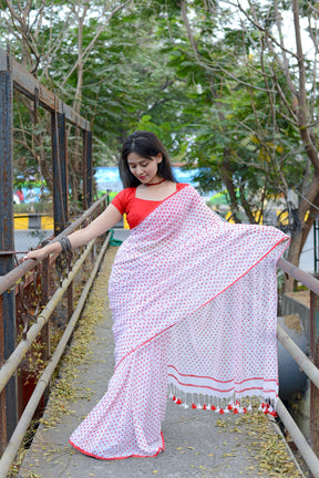 Red & White (All Over Dots)Hand Block Printed Cotton Saree