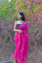 Rani Pink & Yellow Polka Dots - Hand Block Printed Cotton Saree