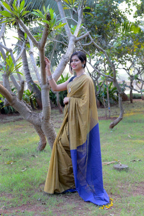 Navy Blue and Mustard Yellow - Handwoven Cotton Saree