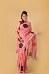 Red Black Polka Dots - Hand Block Printed Cotton Saree