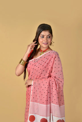 Red White (All Over Black Dots) - Hand Block Printed Cotton Saree