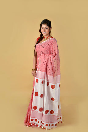 Red White (All Over Black Dots) - Hand Block Printed Cotton Saree