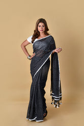 Black & White (All Over Dots) - Hand Block Printed Cotton Saree