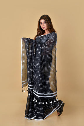 Black & White (All Over Dots) - Hand Block Printed Cotton Saree