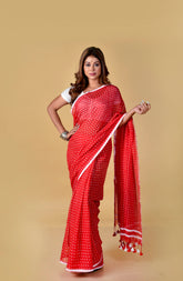 Red & White (All Over Dots) - Hand Block Printed Cotton Saree