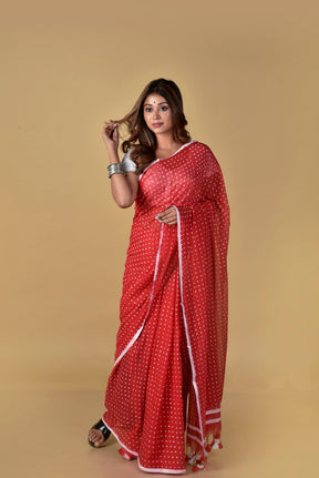 Red & White (All Over Dots) - Hand Block Printed Cotton Saree