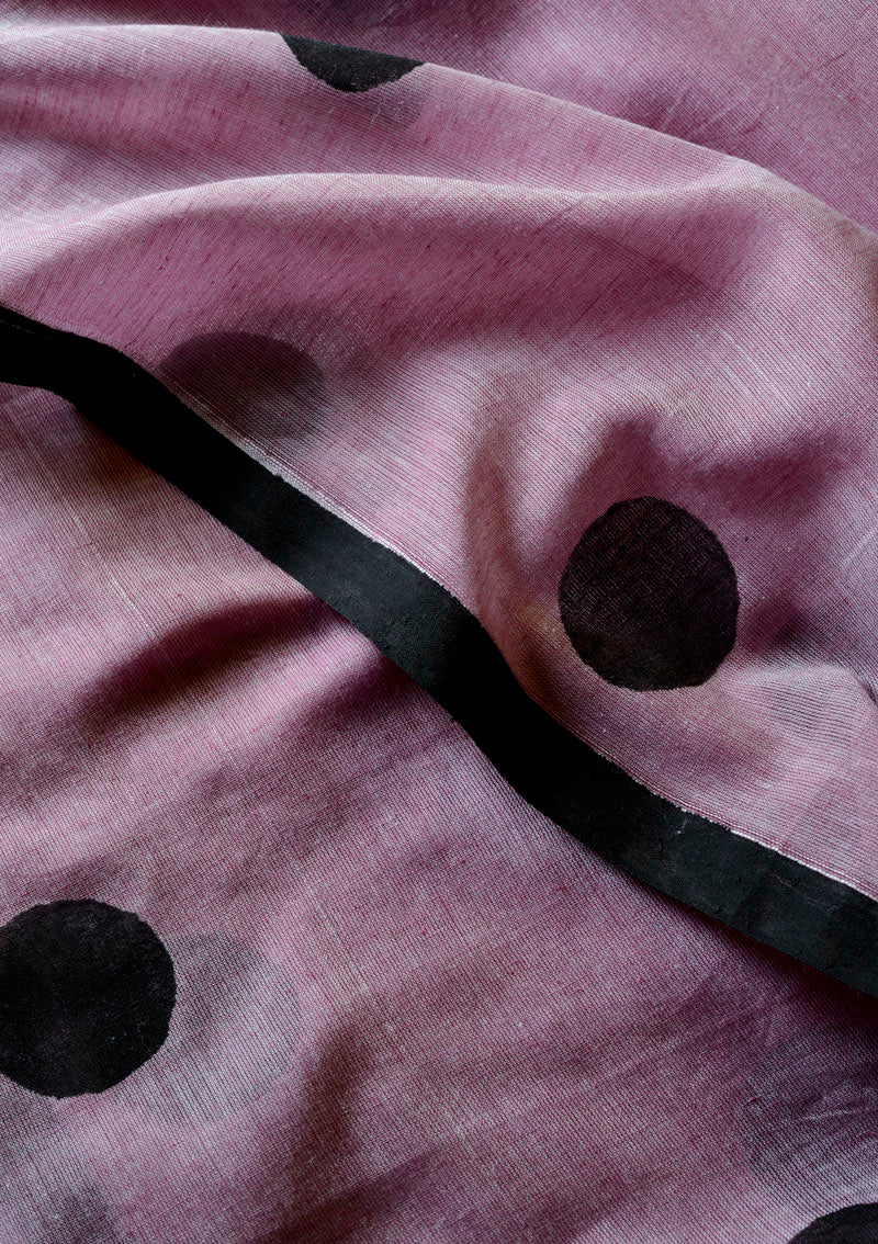 Light Purple Black Polka Dots - Hand Block Printed Cotton Saree