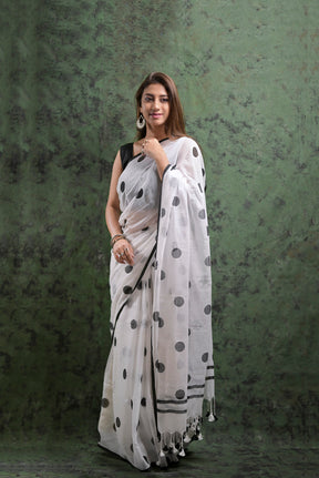 Black & White Polka Dots - Hand Block Printed Cotton Saree