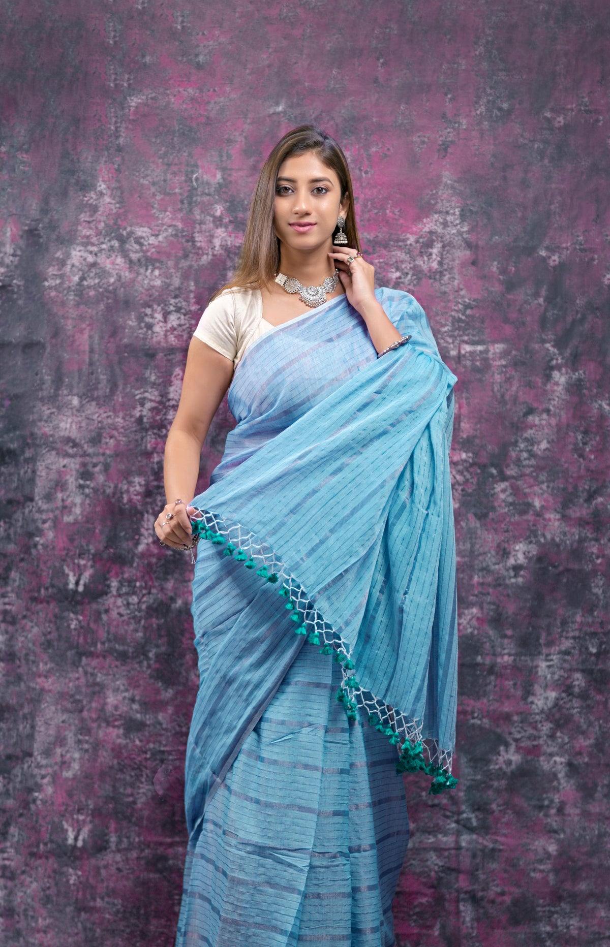 Sky Blue Silver Zari Stripes