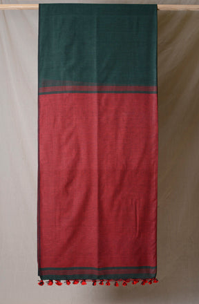 Bottle Green and Red - Handwoven Cotton Saree