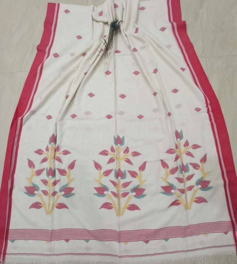 Red White Handwoven Floral Jamdani Saree