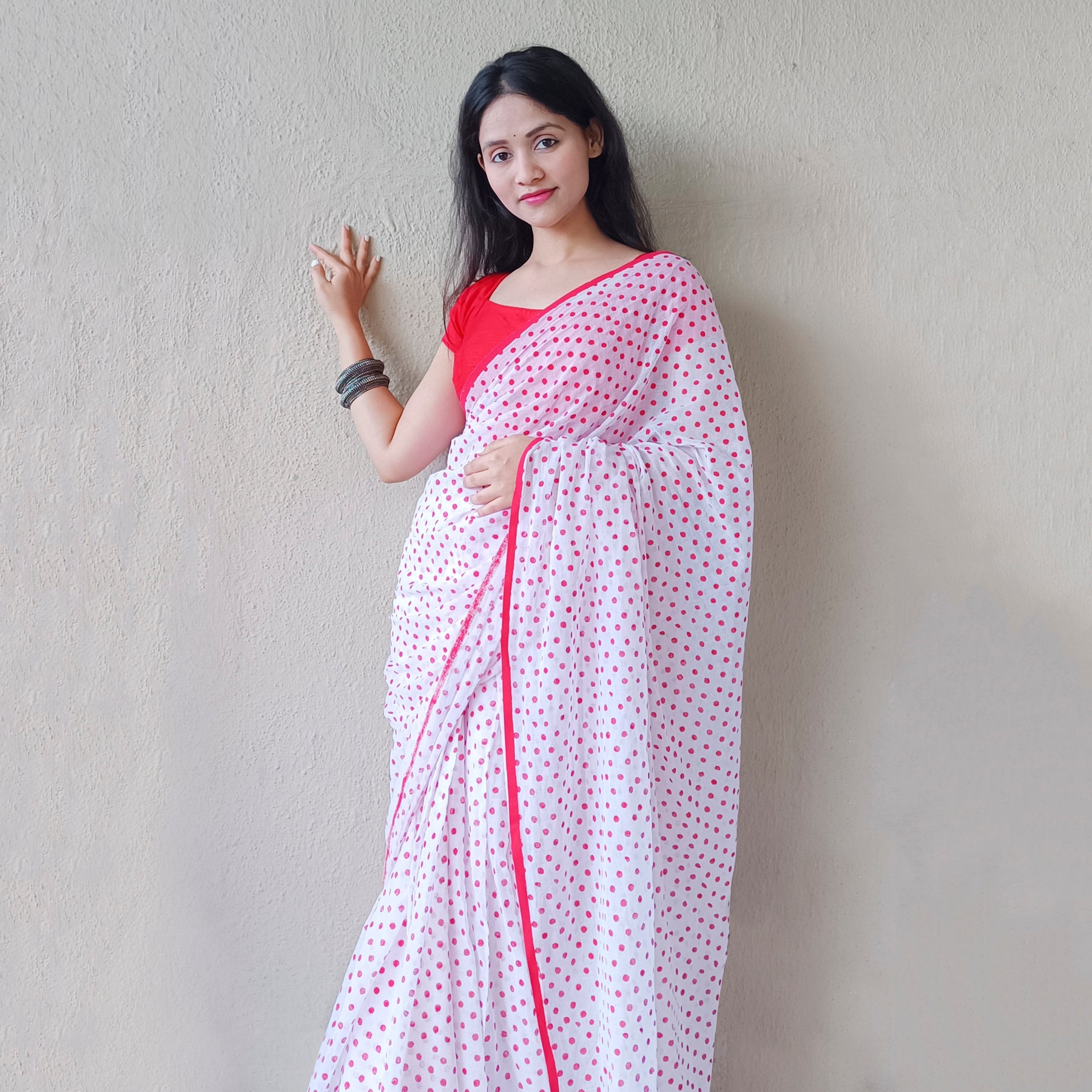 Red & White (All Over Dots)Hand Block Printed Cotton Saree